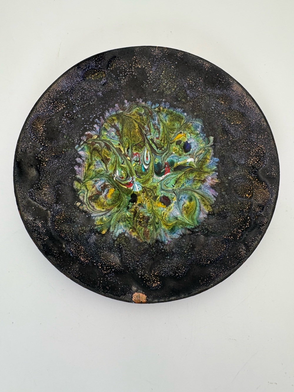 Vintage Abstract Swirling Green and Black Enamel on Copper Plate